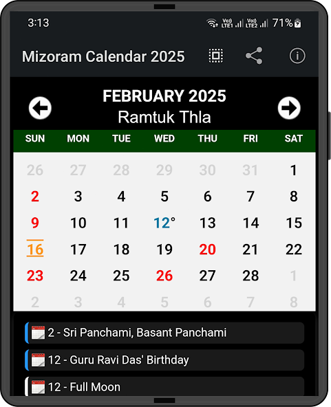 Mizoram Calendar 2025