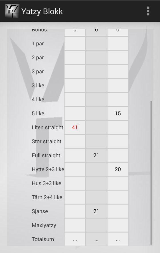 Yatzy blokk