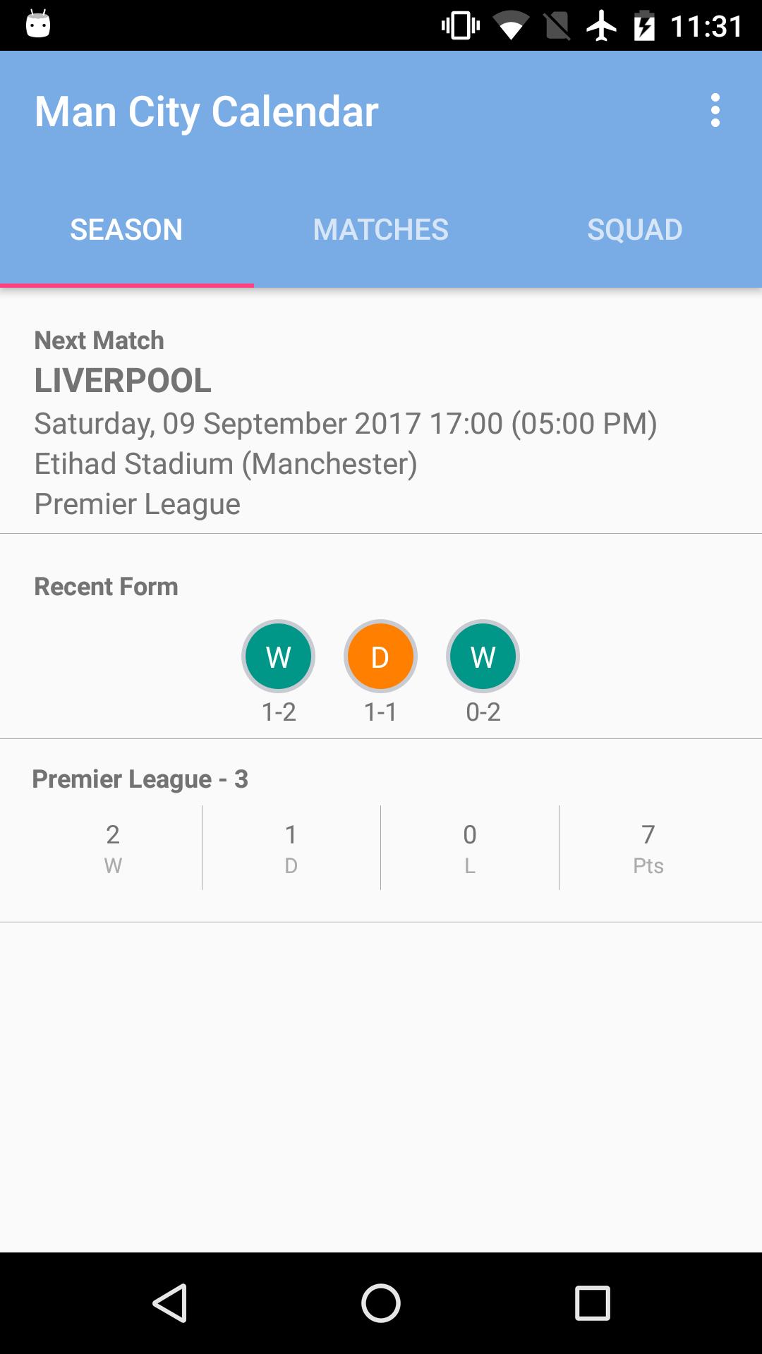 Calendar for Man City